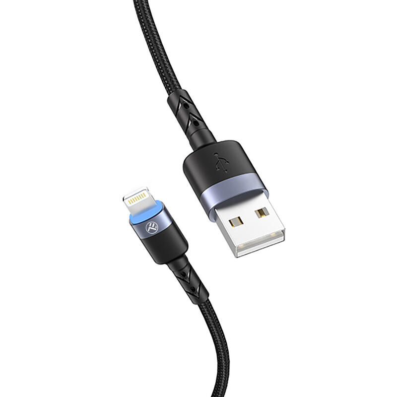 Cablu Tellur USB to Lightning cu LED, 2A, 2m, nailon, negru