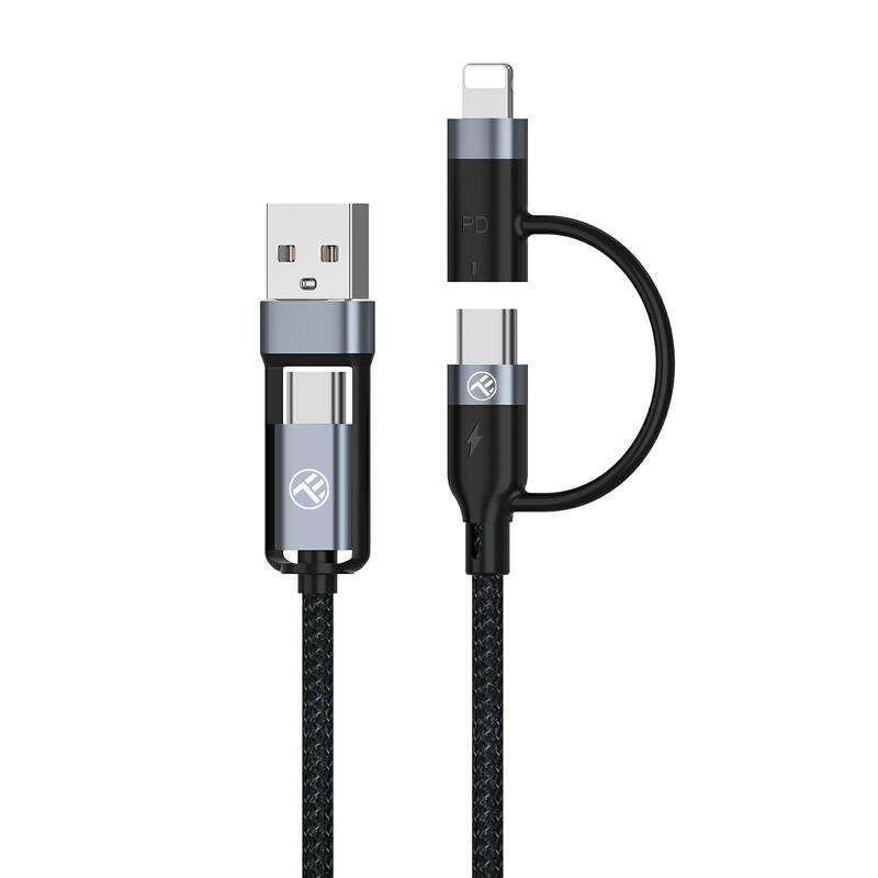 Cablu 4in1 Tellur USB/Tip-C to Tip-C (PD65W)/Lightning (PD20W), 1m, negru