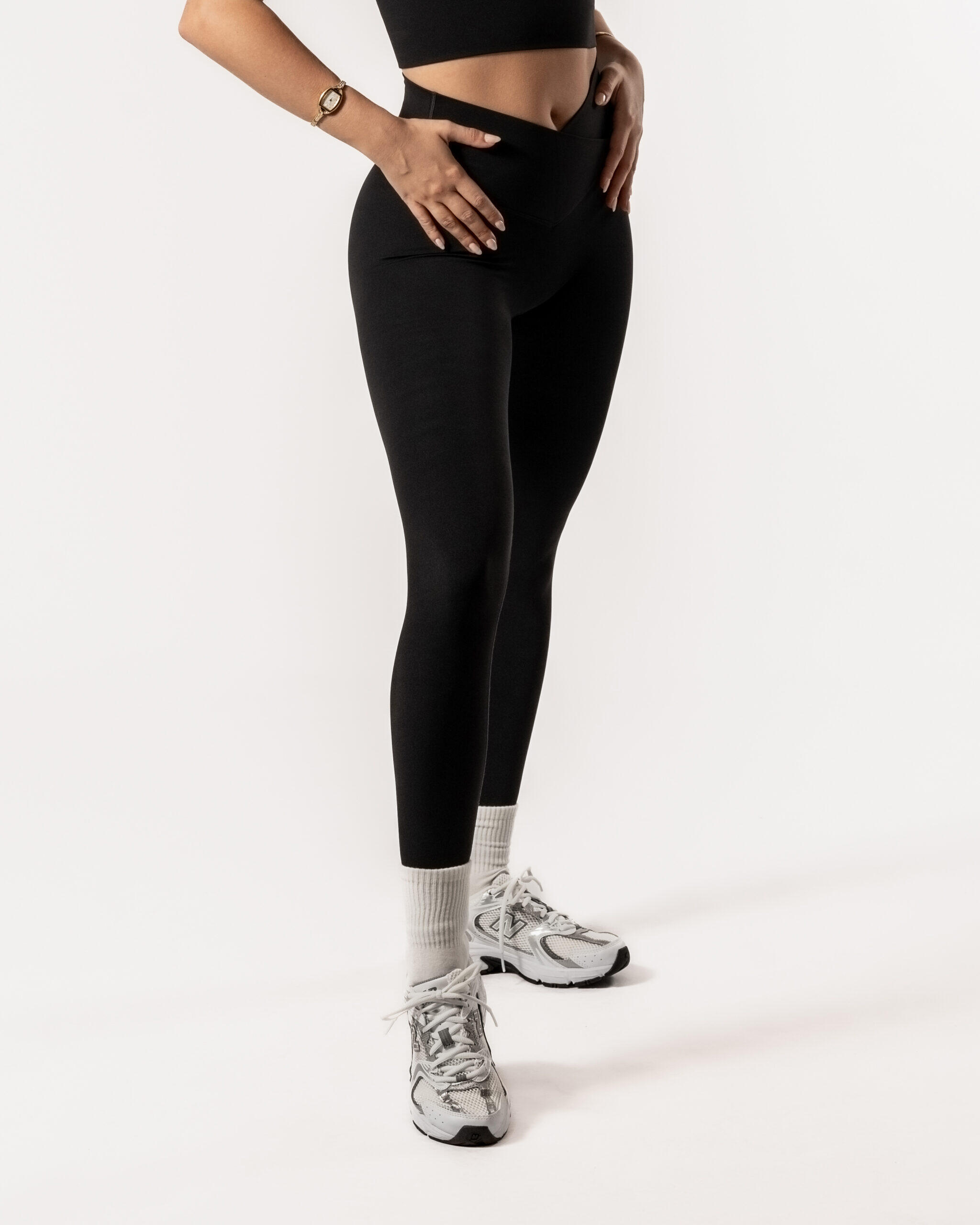 Damen Leggings mit überkreuztem Bund ohne Taschen für Fitness schwarz 5/5