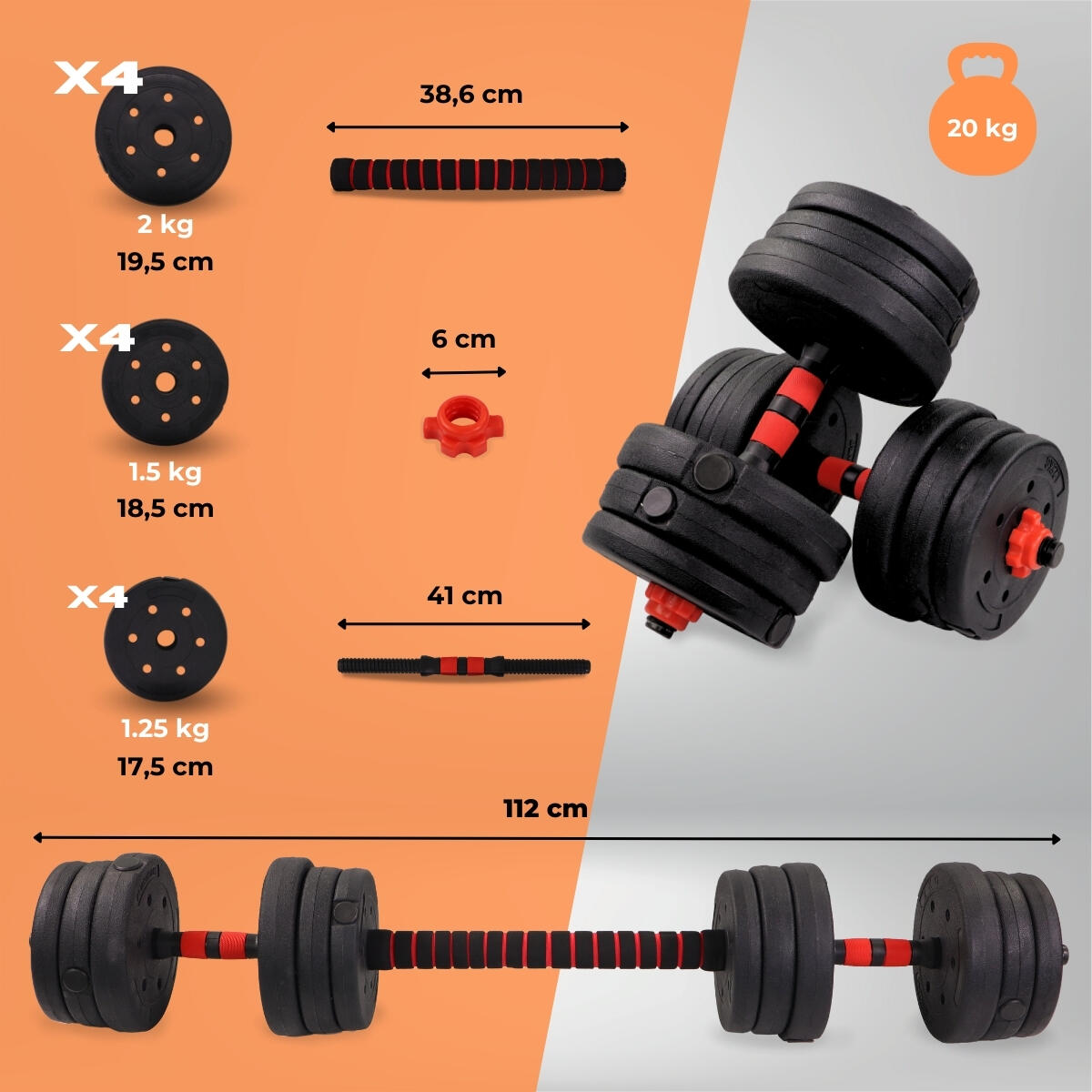 Haltères réglables à 20 kg 2 en 1 avec barre d'extension rembourrée 2/7