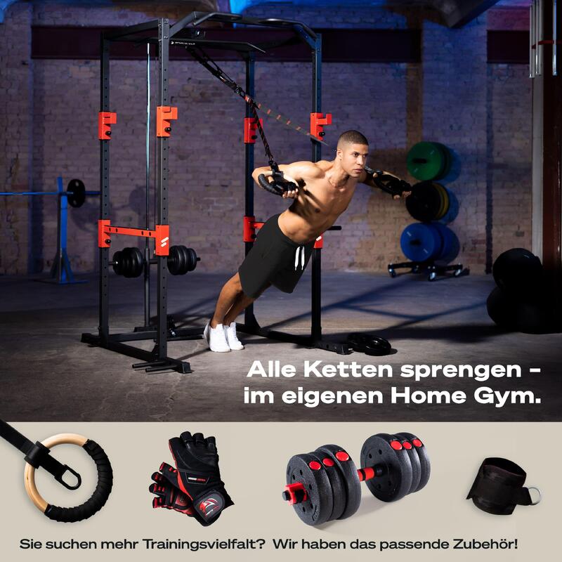 Sportstech FPR300 Power Rack + Klimmzugstange, Dip-Barren, 2x Latzug Griff