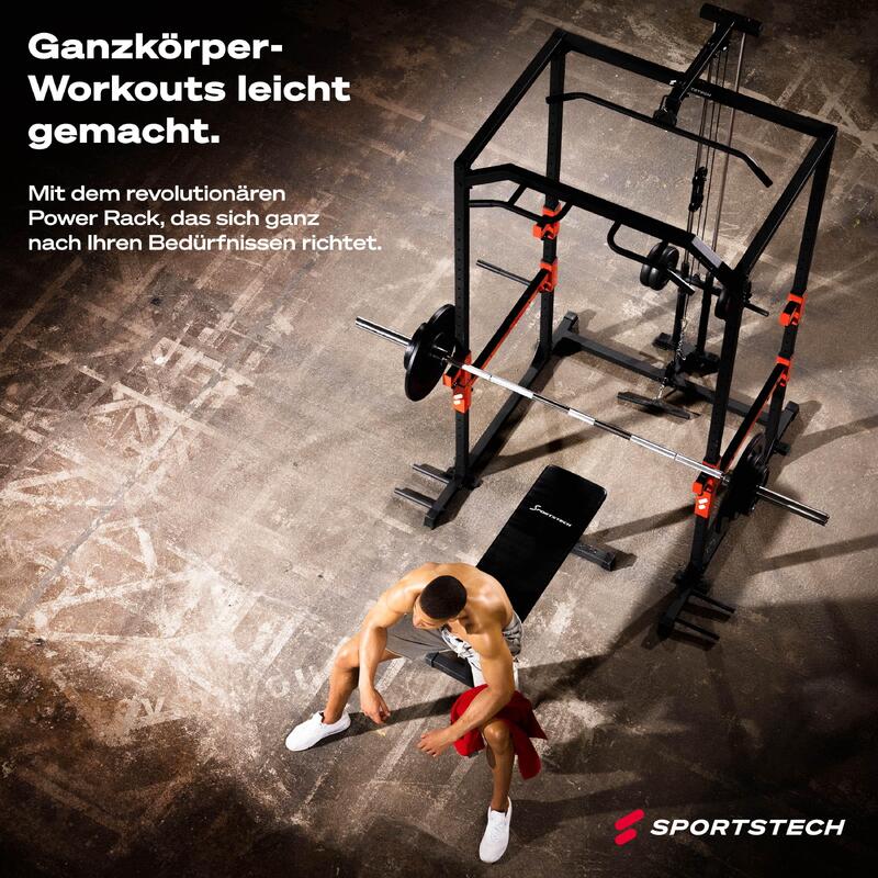 Sportstech FPR300 Power Rack + Klimmzugstange, Dip-Barren, 2x Latzug Griff