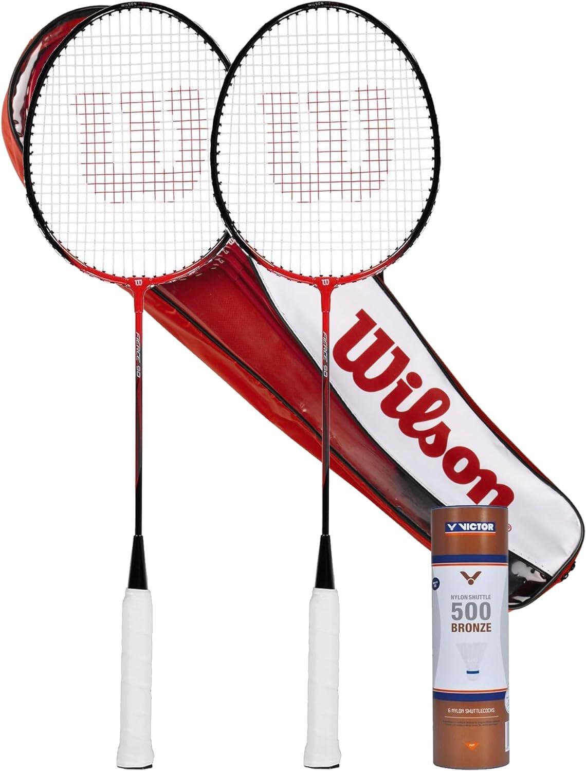Wilson Fierce Red Adult Twin Badminton Racket, Victor Shuttlecocks & Carry Case 1/2