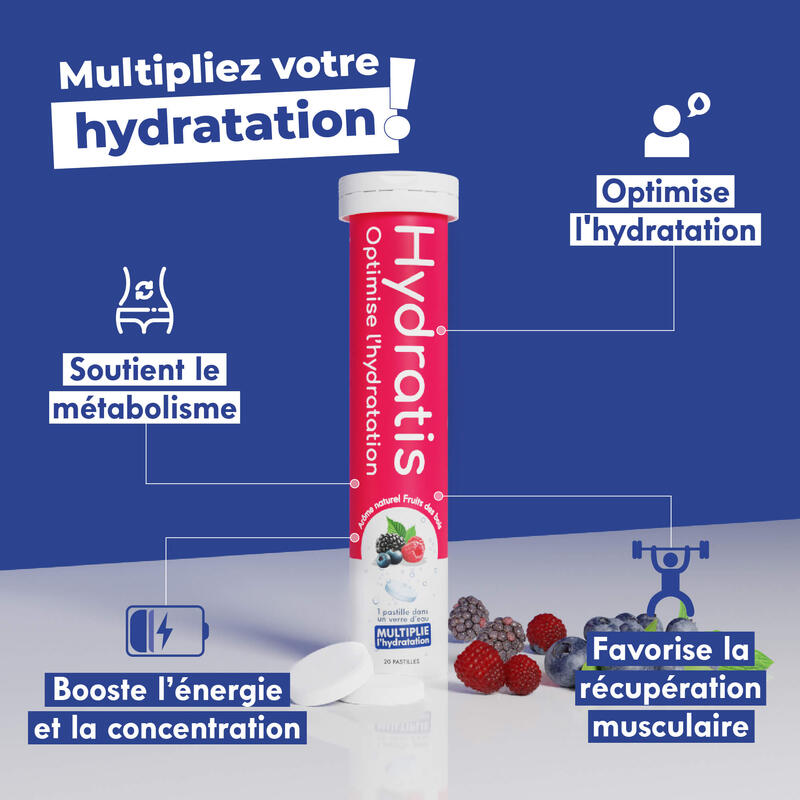 Pastilles d'éléctrolytes pour l'hydratation. Parfum naturel de Fruits des Bois