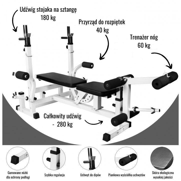 Zestaw 130 kg - Ławka wielofunkcyjna 6w1 + 2 sztangi żeliwne