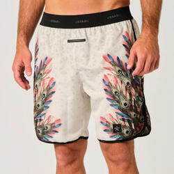 Short de beach-volley pour hommes avec un motif de plumes de paon.