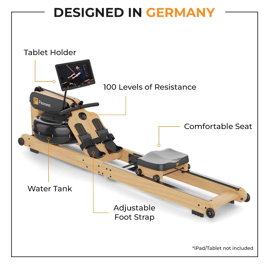 Flexnest Flexrower Plus Bluetooth-Enabled Water Rowing Machine for Home Gym Black