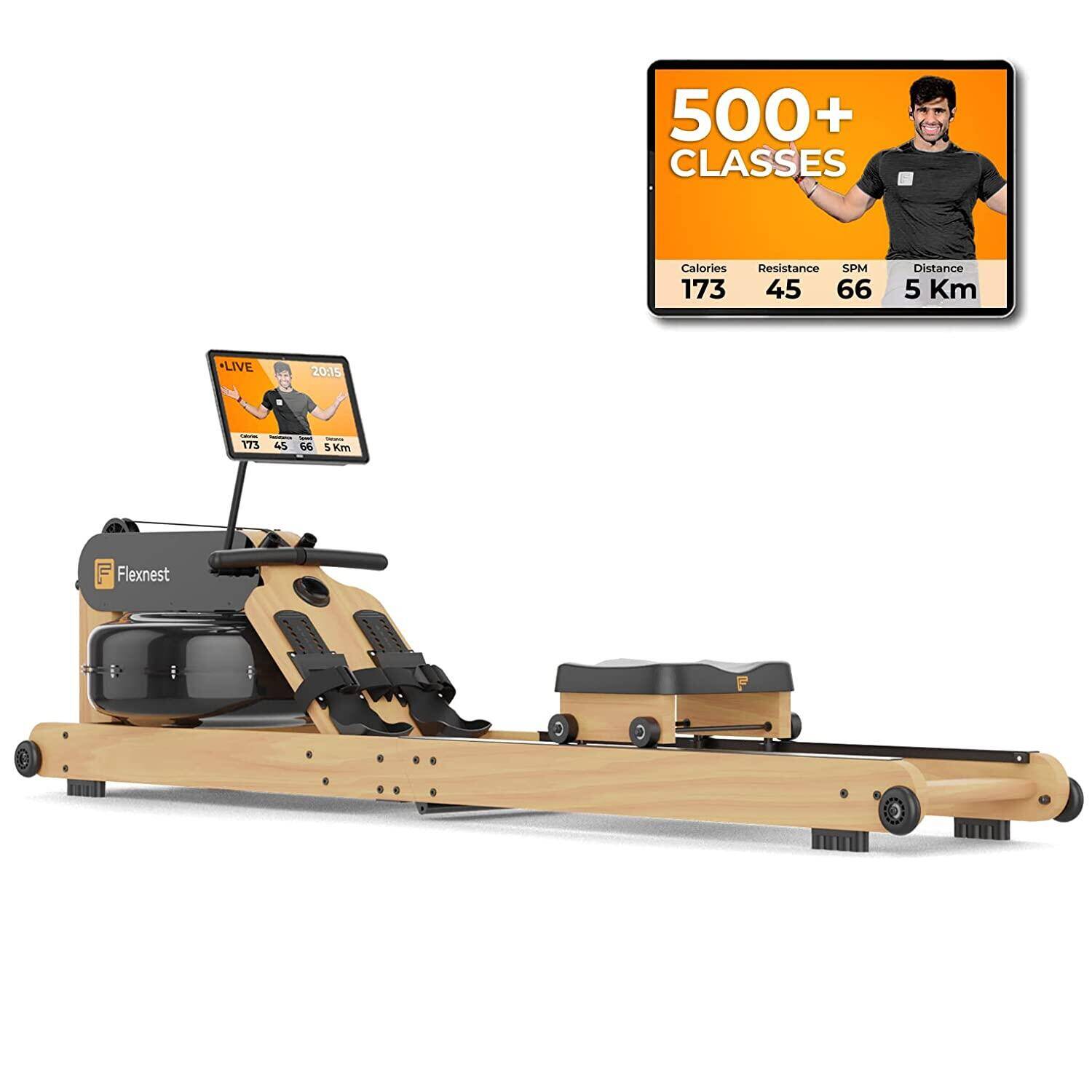 Flexnest Flexrower Plus Bluetooth-Enabled Water Rowing Machine for Home Gym Black