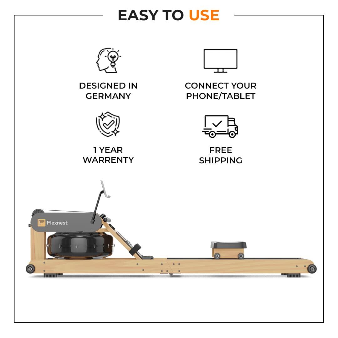 Flexnest Flexrower Plus Bluetooth-Enabled Water Rowing Machine for Home Gym Black