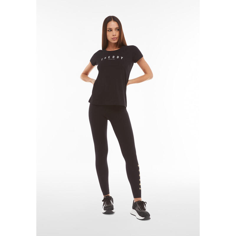 Leggings in heavy jersey stretch con logo bordato glitter