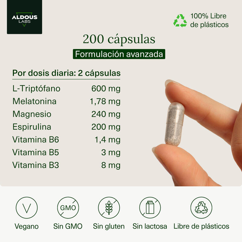 L-Triptófano con Melatonina, Magnesio, Espirulina y Vitaminas
