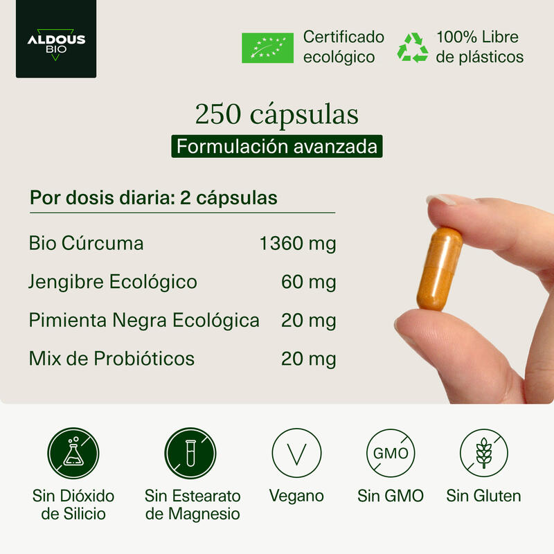 Cúrcuma Ecológica con Probióticos, Jengibre, Pimienta Negra, 250 Cápsulas