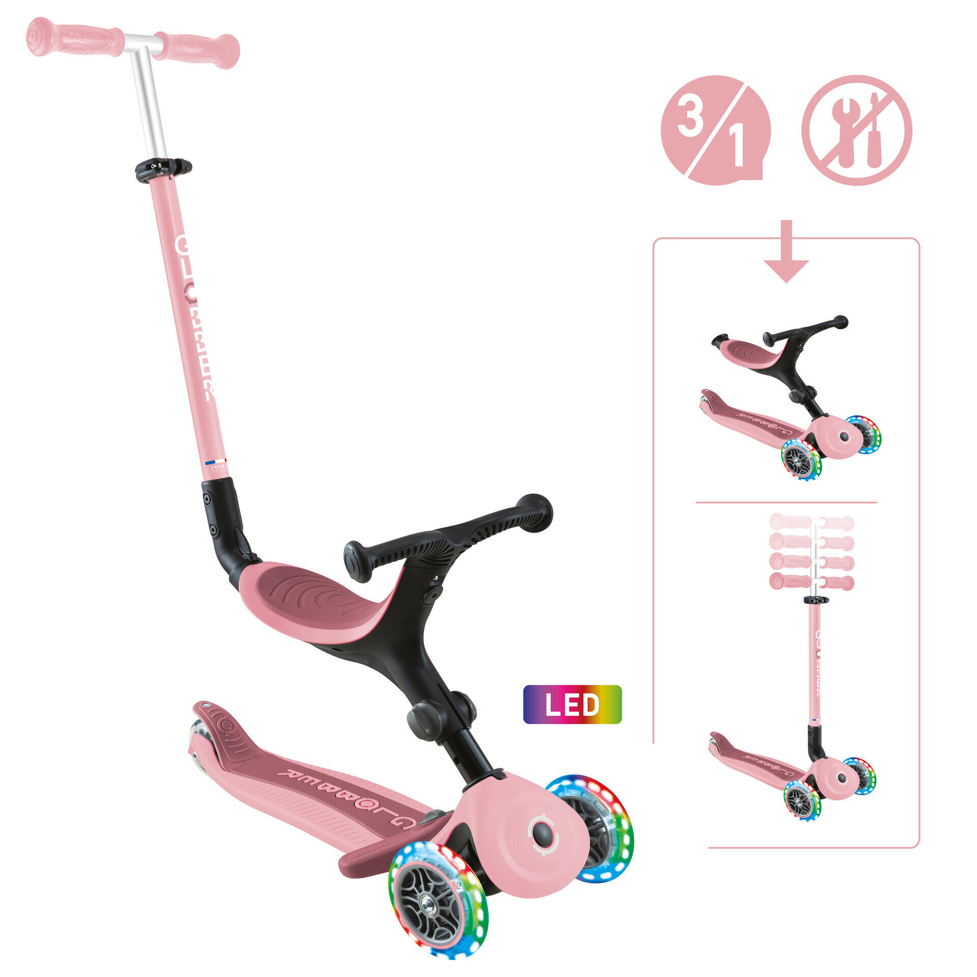 Globber - Trottinette Évolutive Go-up Active Lights - Rose Pastel - Trottinette - Rose - Decathlon
