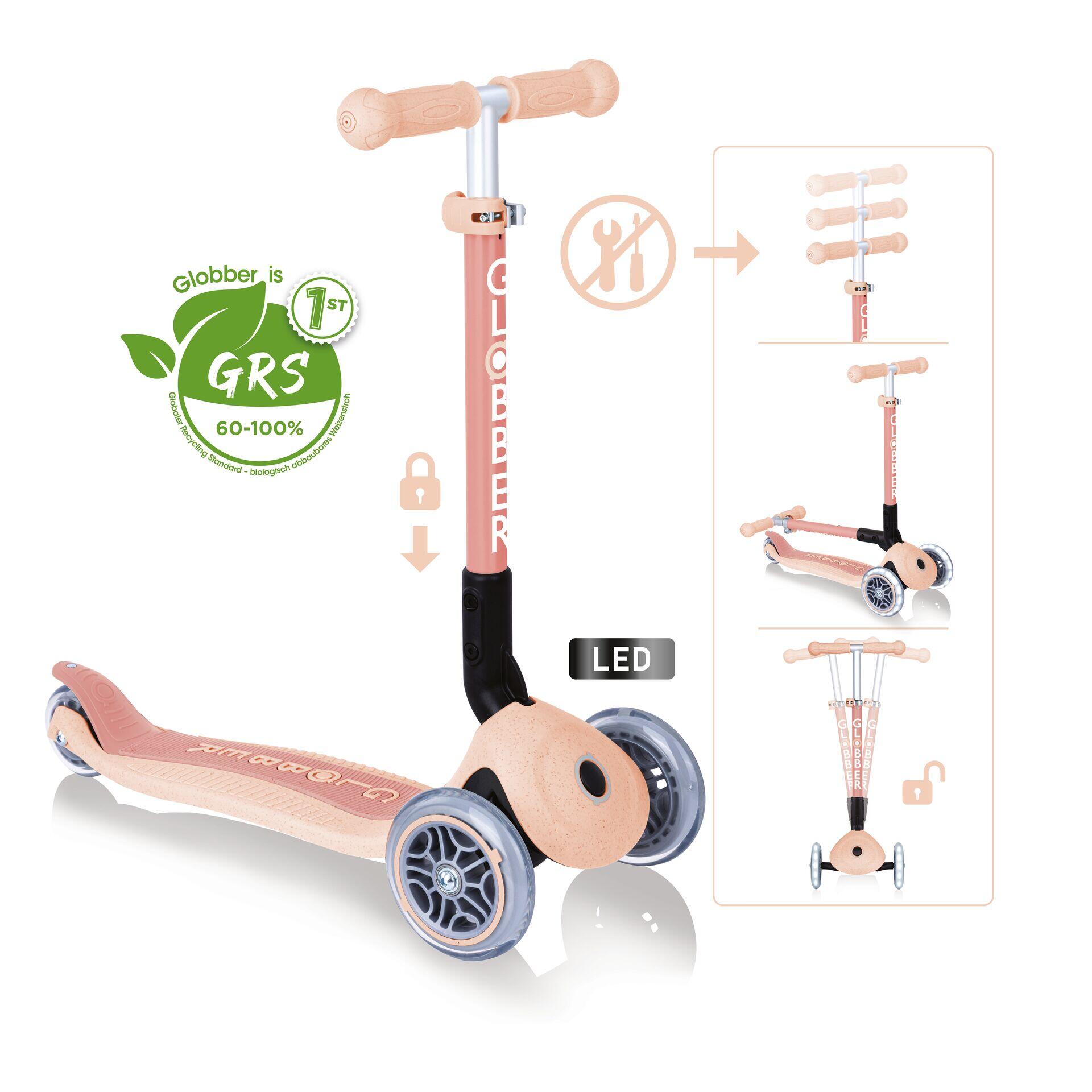 GLOBBER – Trottinette Junior Foldable Lights ECO – 3 Roues LED – Pliable – ABEC 9 – Blanc Coco – Dès 3 Ans