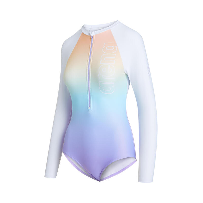 LADIES PASTEL POP 2.0 LONG SLEEVE FRONT ZIP BODYSUIT - WHITE