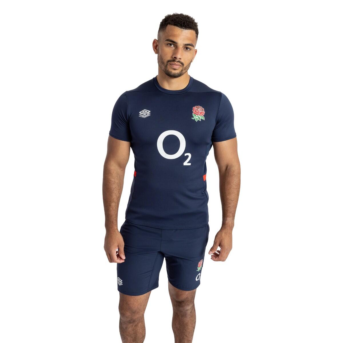 Mens 23/24 England Rugby Gym TShirt (Navy Blazer/Dress Blue/Flame Scarlet) 3/4