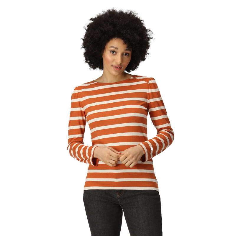 Dames Federica Stripe Tshirt met lange mouwen (Gebrand Koper/Licht Vanille)