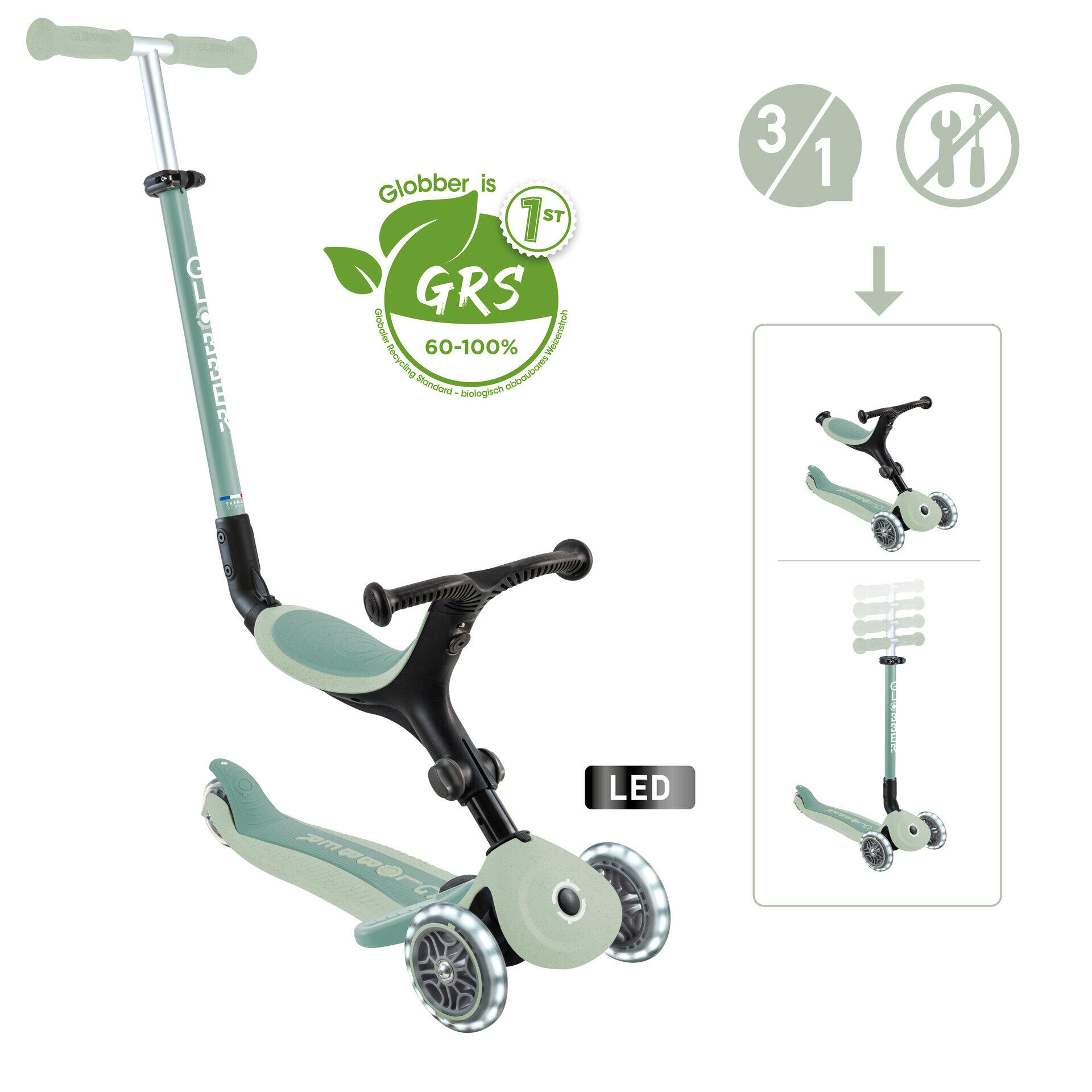 GLOBBER Globber Go Up Active Lights Eco Pistachio