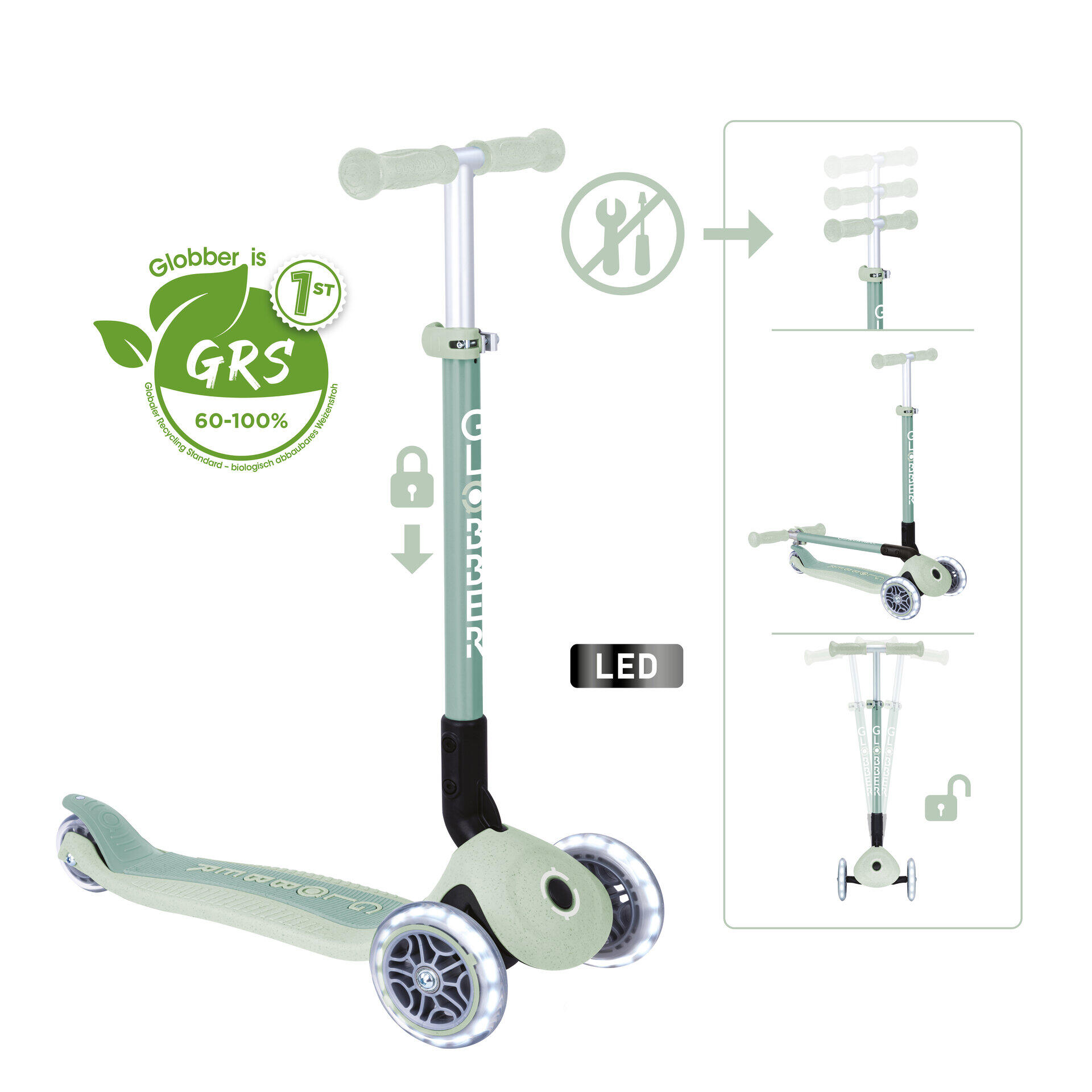 GLOBBER GLOBBER PRIMO FOLDABLE LIGHTS ECO pistazie, mit Leuchtrollen