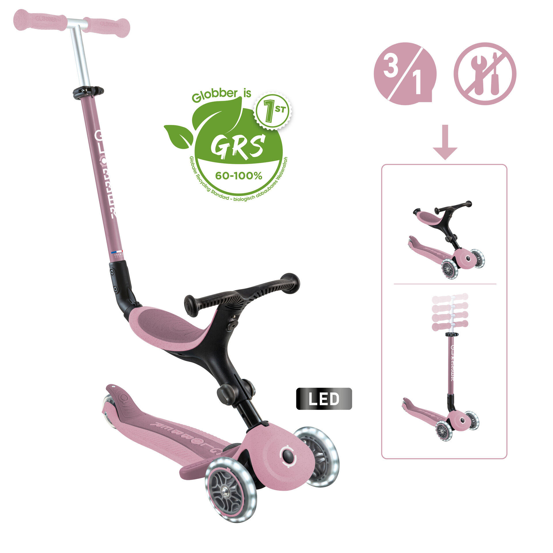 GLOBBER GLOBBER GO-UP ACTIVE LIGHTS ECO beere, mit Leuchtrollen
