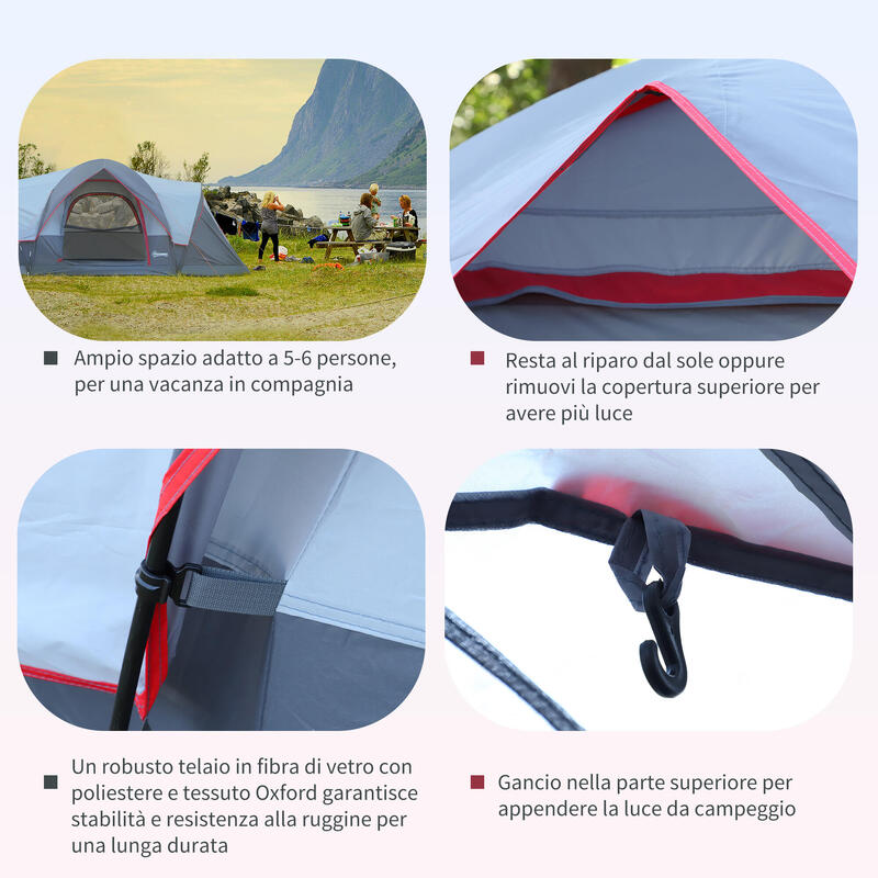 Outsunny Tenda da Campeggio Idrorepellente per 6 Persone, Grigia