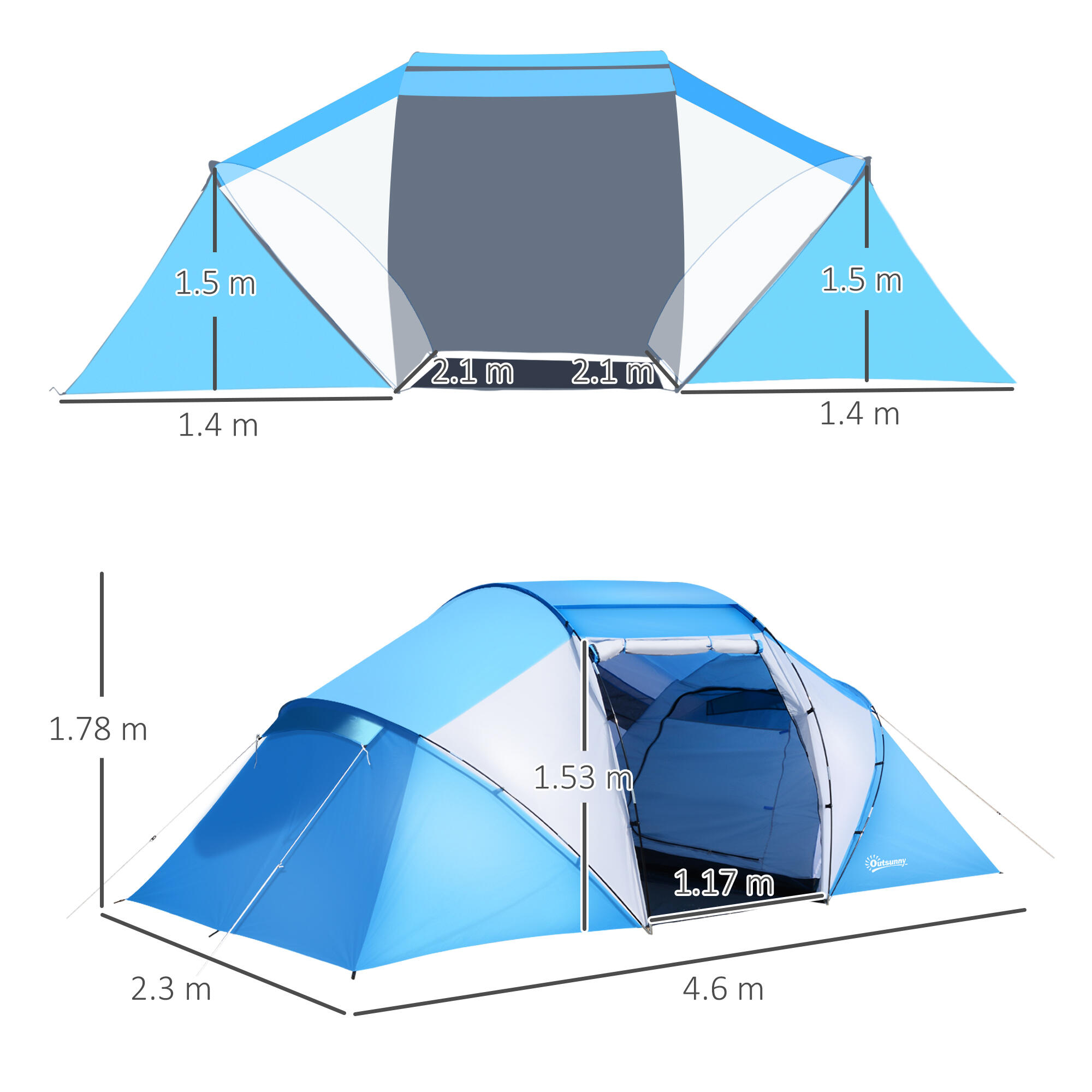 Outsunny Tenda da Campeggio per 6 Persone, 430×240×170cm, Bianco e Azzurro 3/7