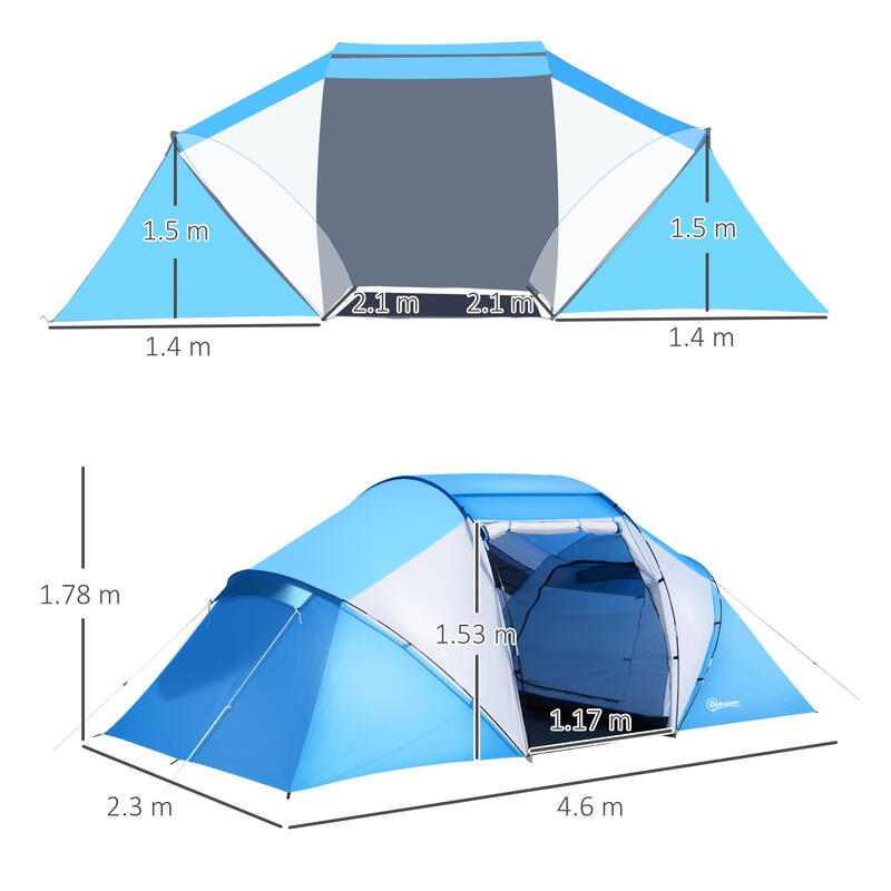Outsunny Cort de Camping pentru 6 persoane, 430×240×170cm, Alb Și Albastru