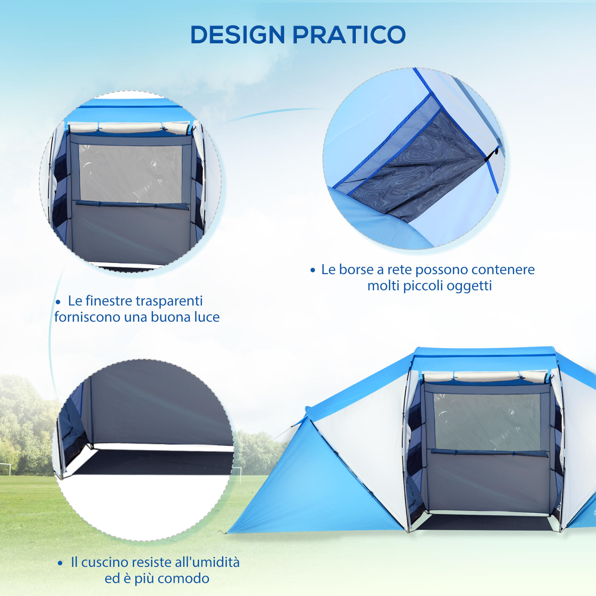 Outsunny Tenda da Campeggio per 6 Persone, 430×240×170cm, Bianco e Azzurro 6/7
