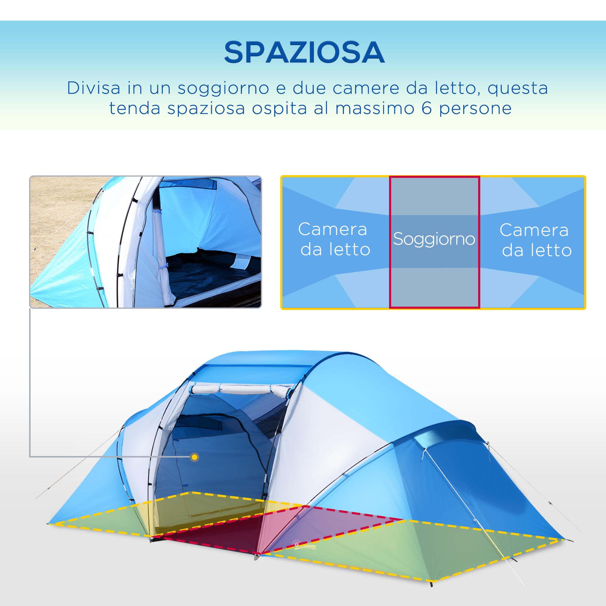Outsunny Tenda da Campeggio per 6 Persone, 430×240×170cm, Bianco e Azzurro 4/7