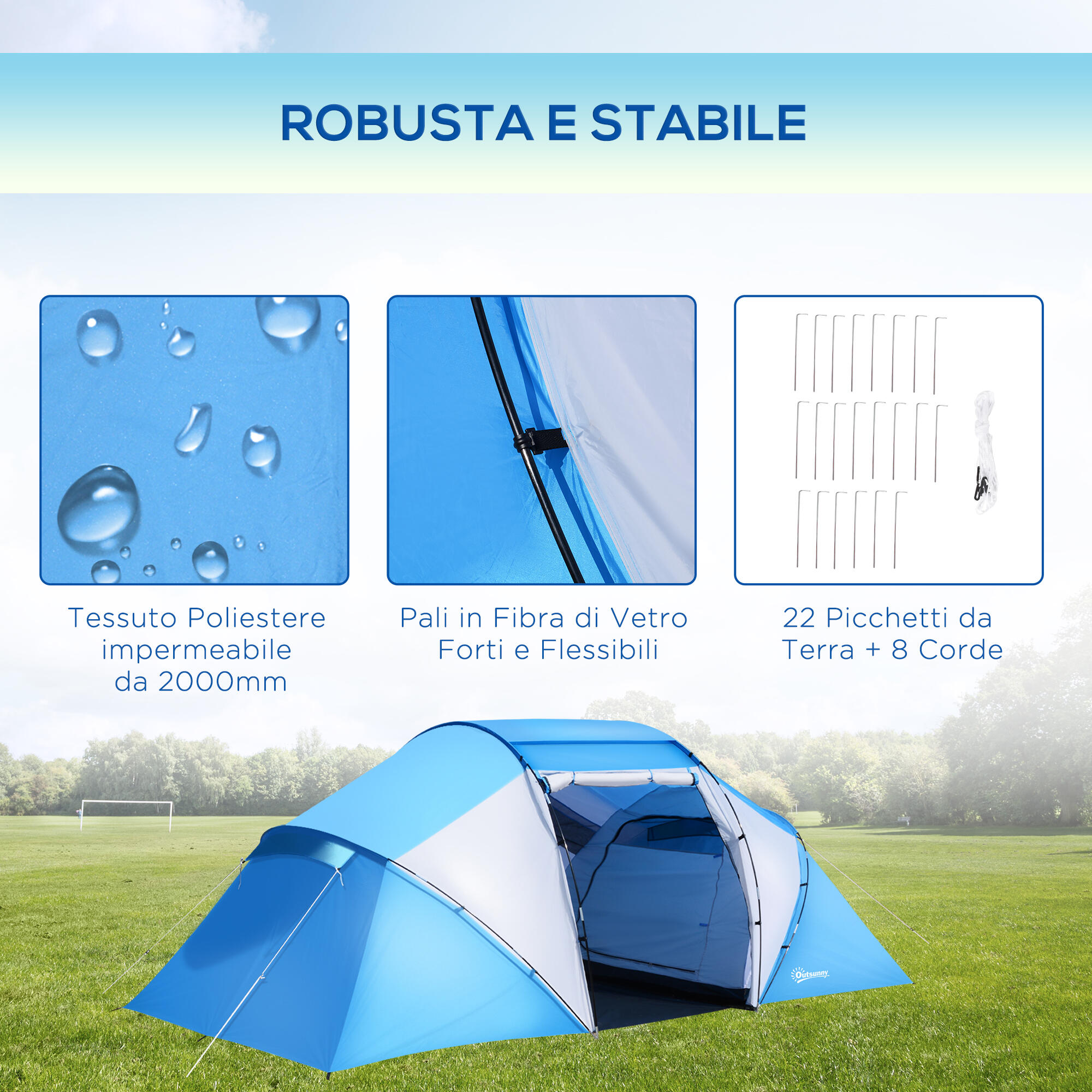 Outsunny Tenda da Campeggio per 6 Persone, 430×240×170cm, Bianco e Azzurro 5/7