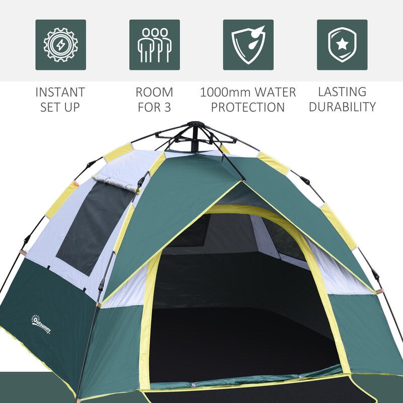 Outsunny Cort de Camping Automat pentru 2 persoane cu Buzunare Interne, Verde