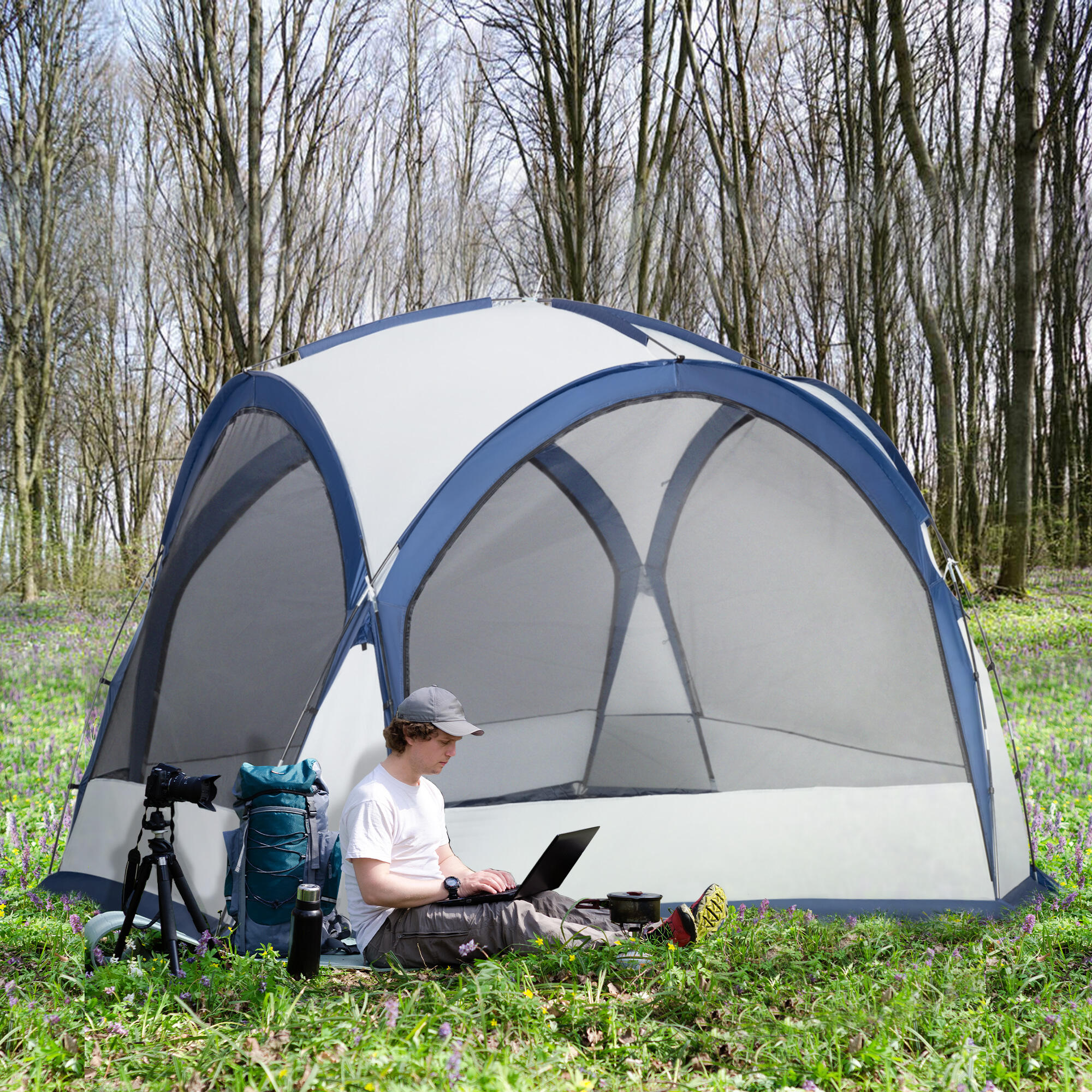 Outsunny Tenda Da Campeggio 6-8 Posti Con 2 Stanze Separate E Porte Con Cerniera, Tenda Campeggio A Tunnel Con Borsa Di Trasporto, Protezione PU2000mm, 450x215x180 Cm, Grigio - 12