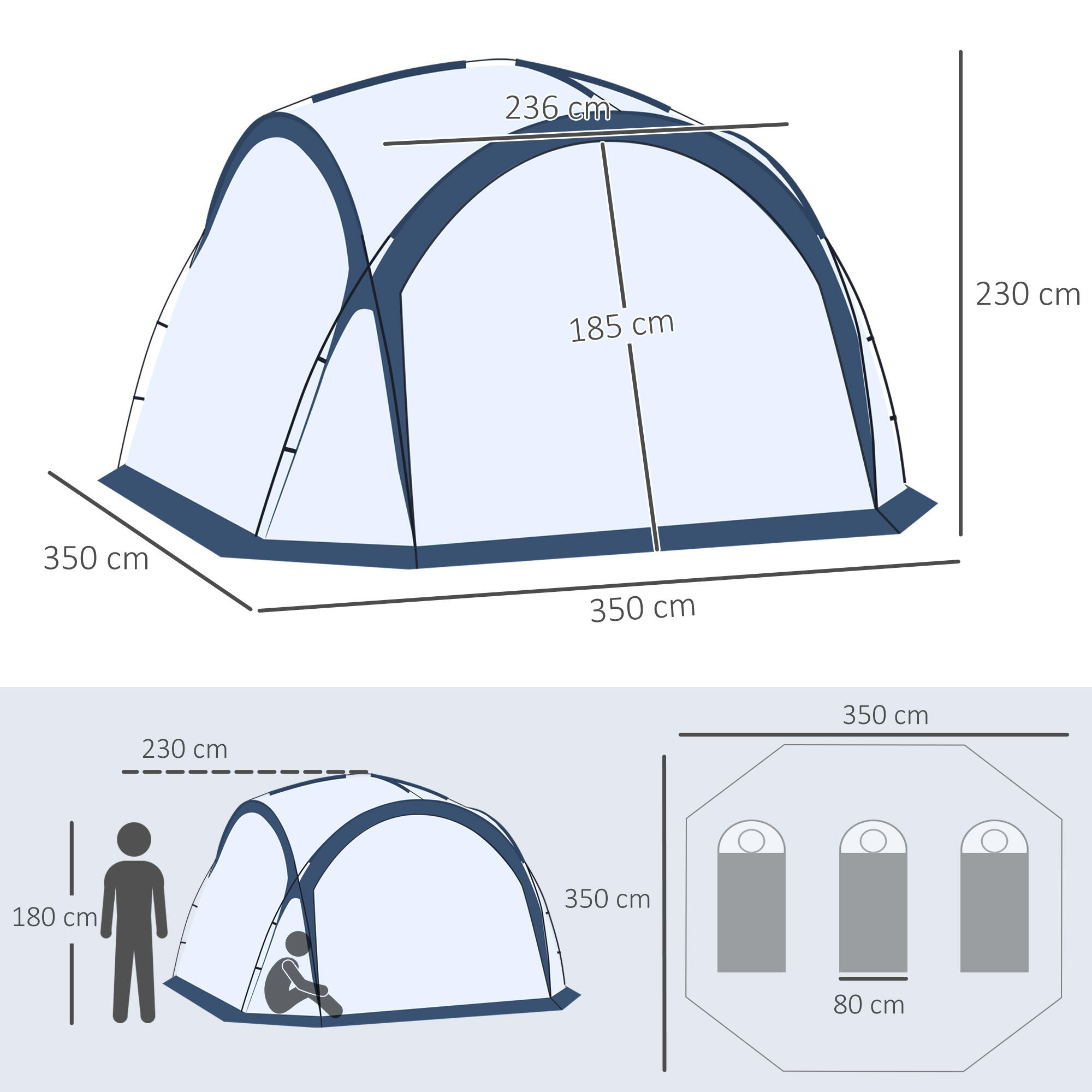 Outsunny Tenda Da Campeggio 6-8 Posti Con 2 Stanze Separate E Porte Con Cerniera, Tenda Campeggio A Tunnel Con Borsa Di Trasporto, Protezione PU2000mm, 450x215x180 Cm, Grigio - 5