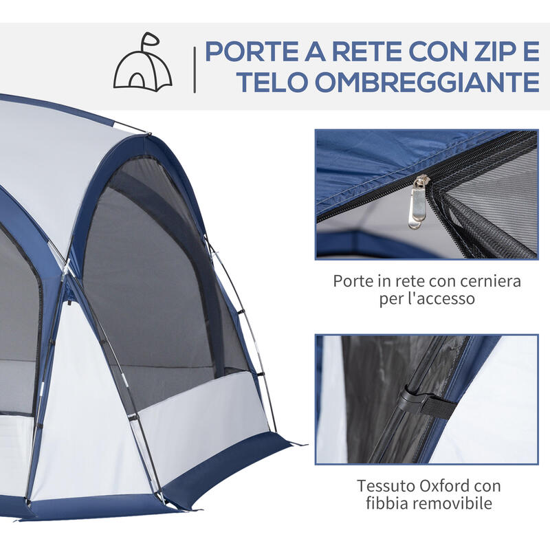 Outsunny Tenda da Campeggio 6-8 Persone, 4 Porte a Cerniera, Bianca e Blu