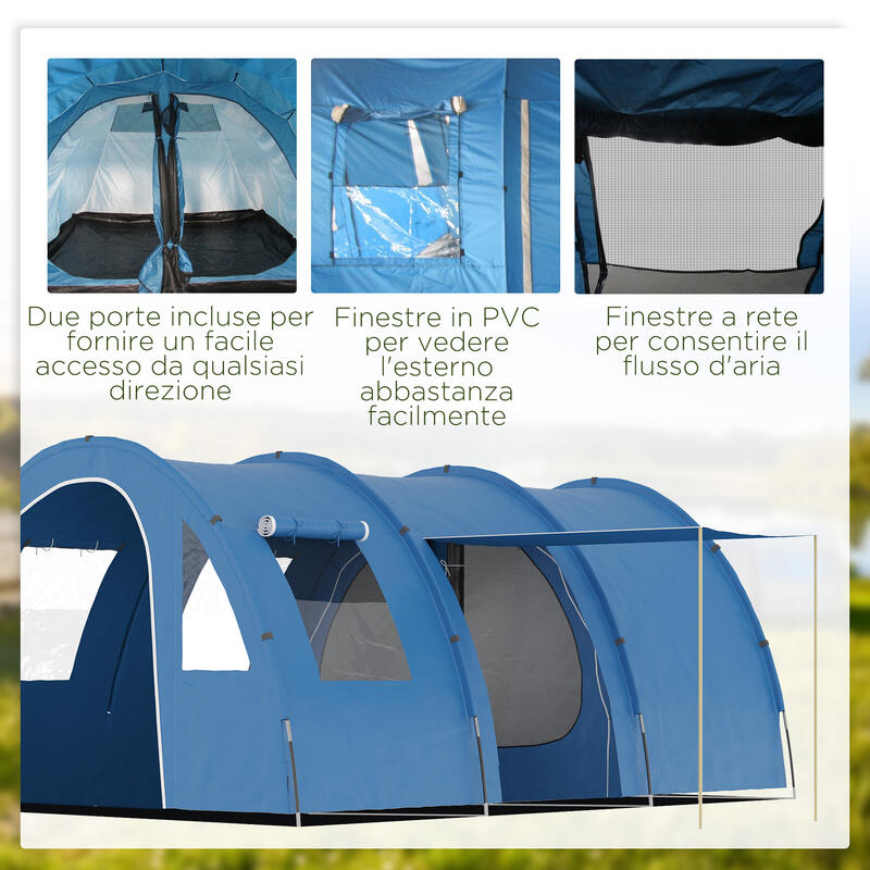 Outsunny Tenda da Campeggio per 5-6 Persone con 2 Porte, Finestre e Tasche, Blu