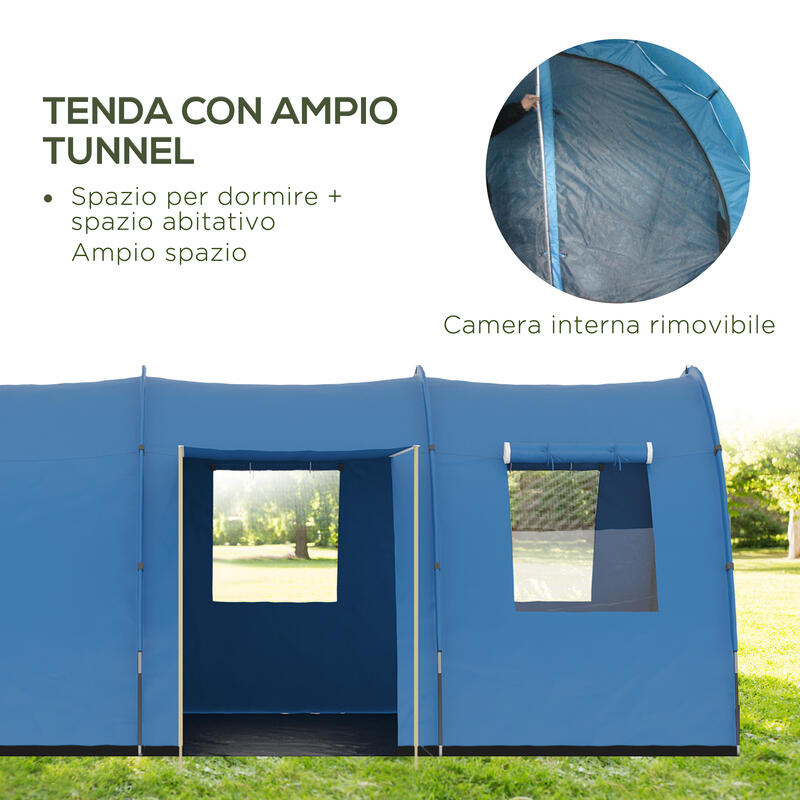 Outsunny Tenda da Campeggio per 5-6 Persone con 2 Porte, Finestre e Tasche, Blu