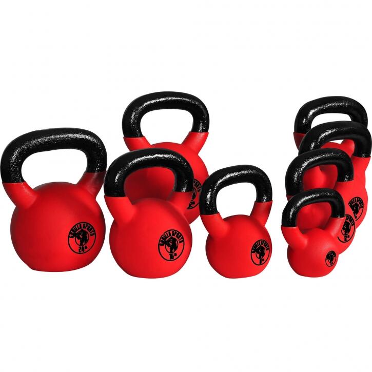 Zestaw Gorilla Sports kettlebelli żeliwo z gumową powłoką 275 kg - 17 sztuk