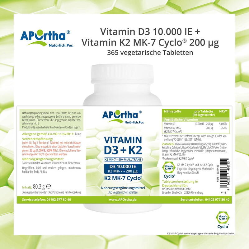 Vitamin D3 10.000 IE + Natto Vitamin K2 MK-7 Cyclo® 200 µg - 365 Tabletten