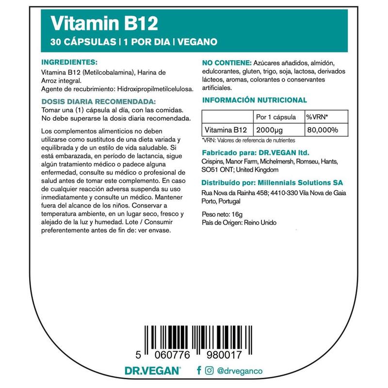 DR.VEGAN Daily Vitamin B12, 2000ug | 30 Cápsulas Veganas | Uno por día