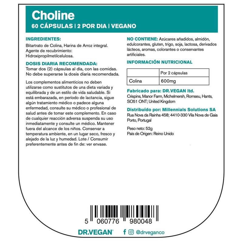 DR.VEGAN Choline 600 mg | Dos por día - 30 días de uso