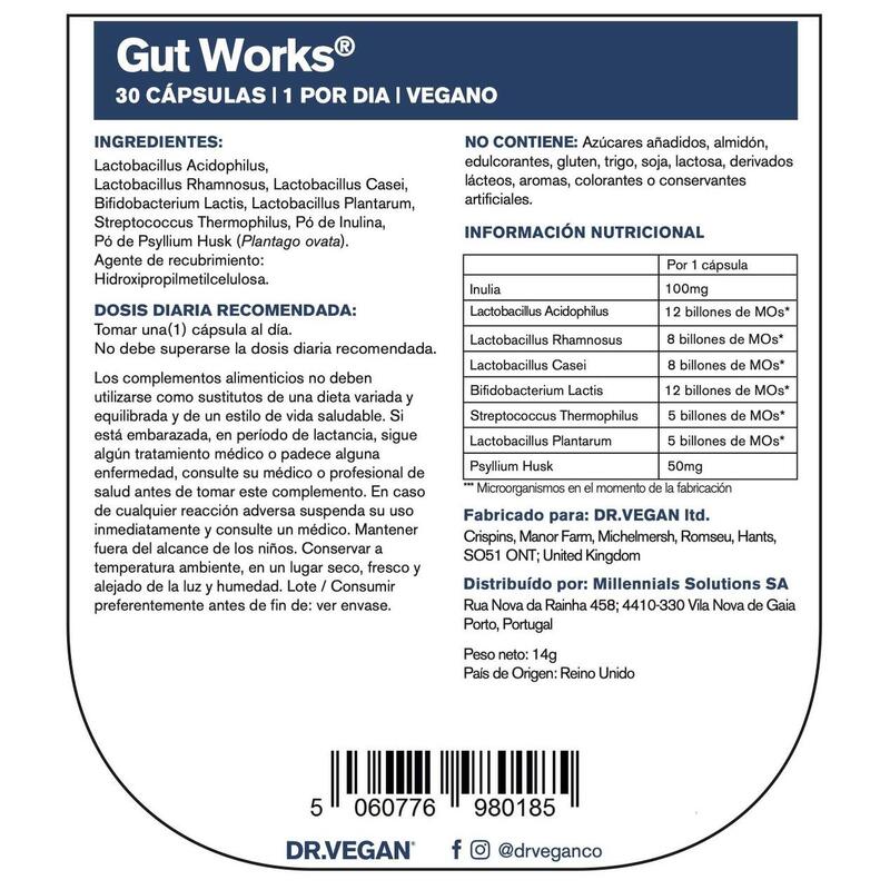 DR.VEGAN Gut Works® | Pre y Probiótico | 30 cápsulas veganas | Uno por día