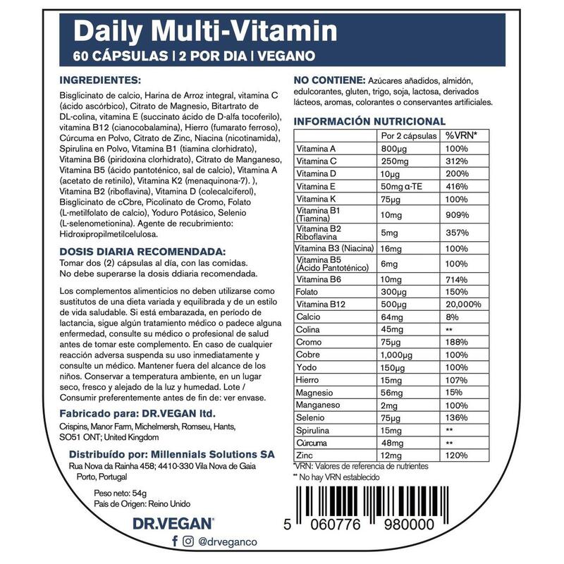DR.VEGAN Daily Multi-Vitamin | Dos por día - 30 días de uso