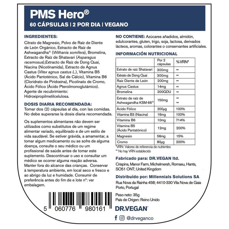 DR.VEGAN PMS Hero | Vitaminas y suplementos de apoyo menstrual | 30 días de uso