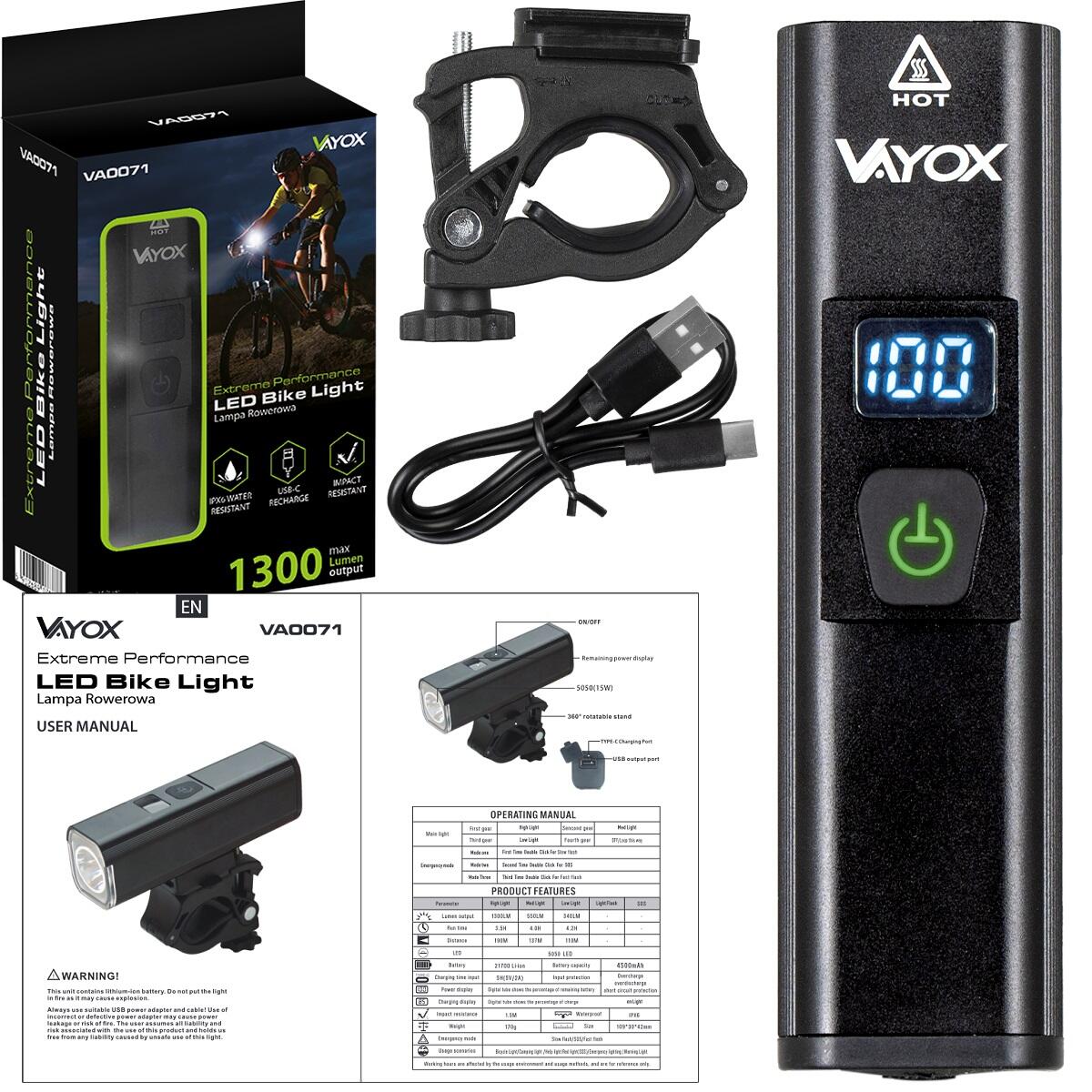 Luce anteriore per bici Vayox VA0071 1300 lm, ricaricabile, LCD, powerbank 7/8