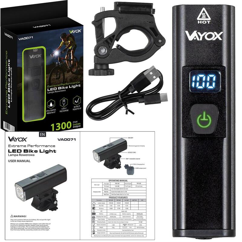 Kerékpár első lámpa Vayox VA0071 1300lm újratölthető LCD power bank