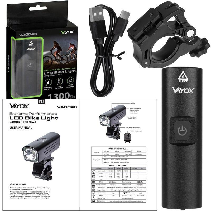 Vayox VA0046 éclairage avant de vélo 1300lm rechargeable