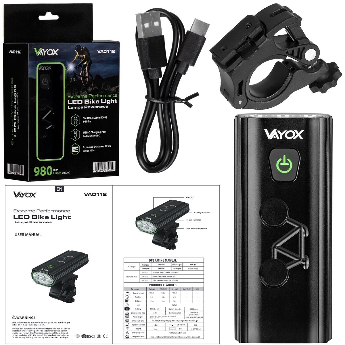 Vayox VA0112 fietskoplamp 980lm oplaadbare externe batterij 7/8