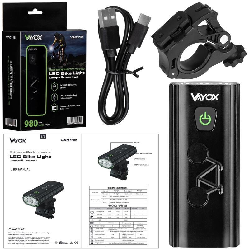 Vayox VA0112 éclairage avant de vélo 980lm batterie externe rechargeable