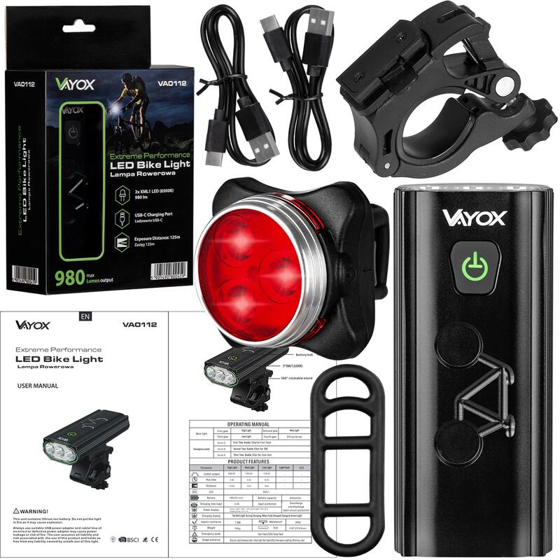 Ensemble de feux de vélo VAYOX VA0112 + VA0117 avant et arrière POWERBANK