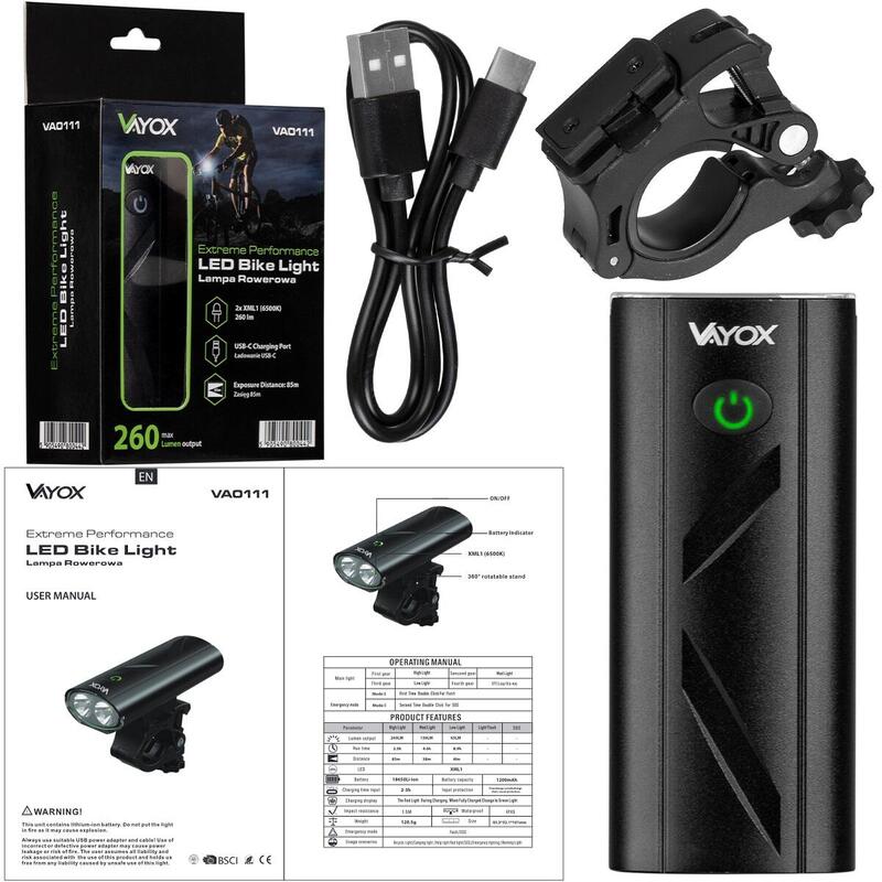 Éclairage avant de vélo Vayox VA0111, 260lm, rechargeable